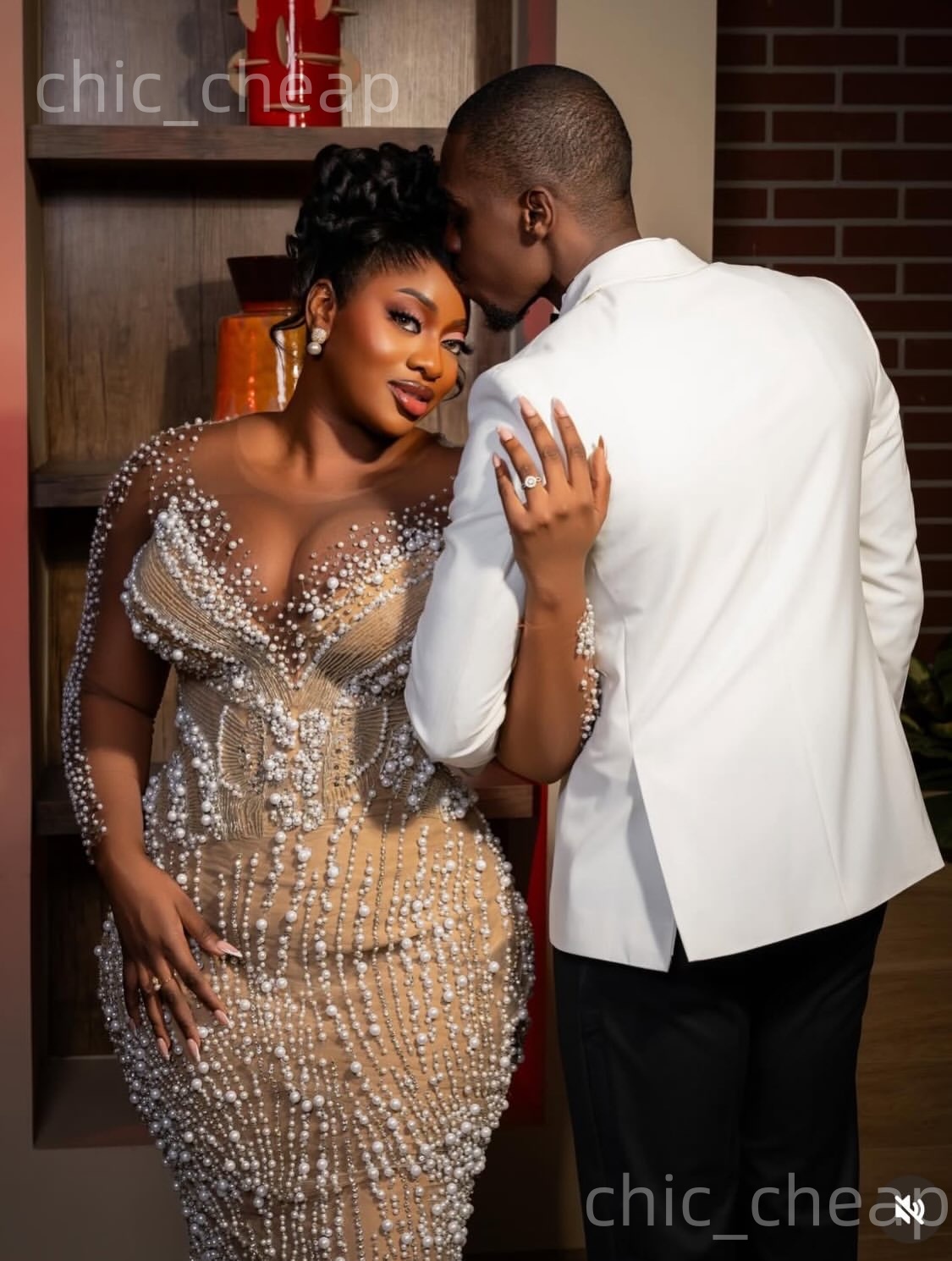 Aso Ebi Champagne Mermaid Prom Dresses 2026 Illusion Pearls Sheer Neck Evening Formal Party Second Birthday Engagement Gowns Dress For Special Occasio