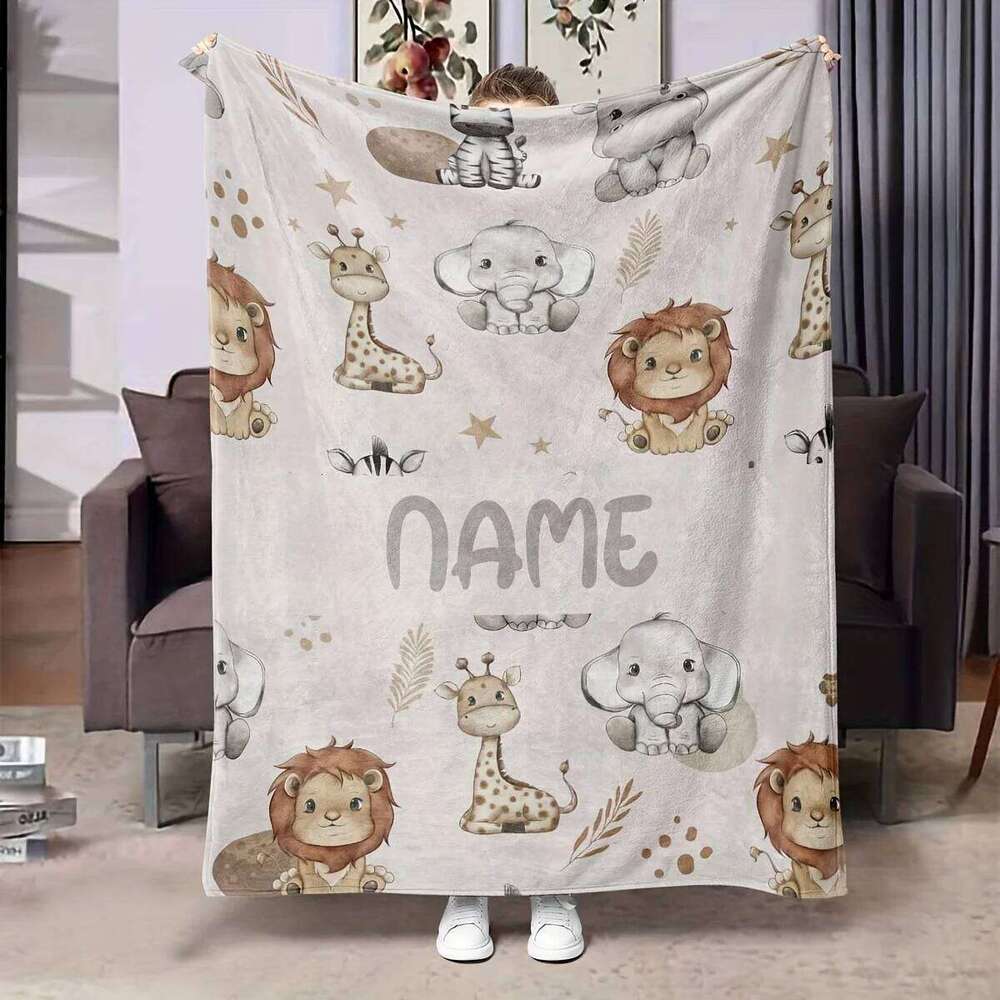 Customized digital printed flannel blanket, simple and cute animal series, name customization, holiday gift, office living room XJ260112
