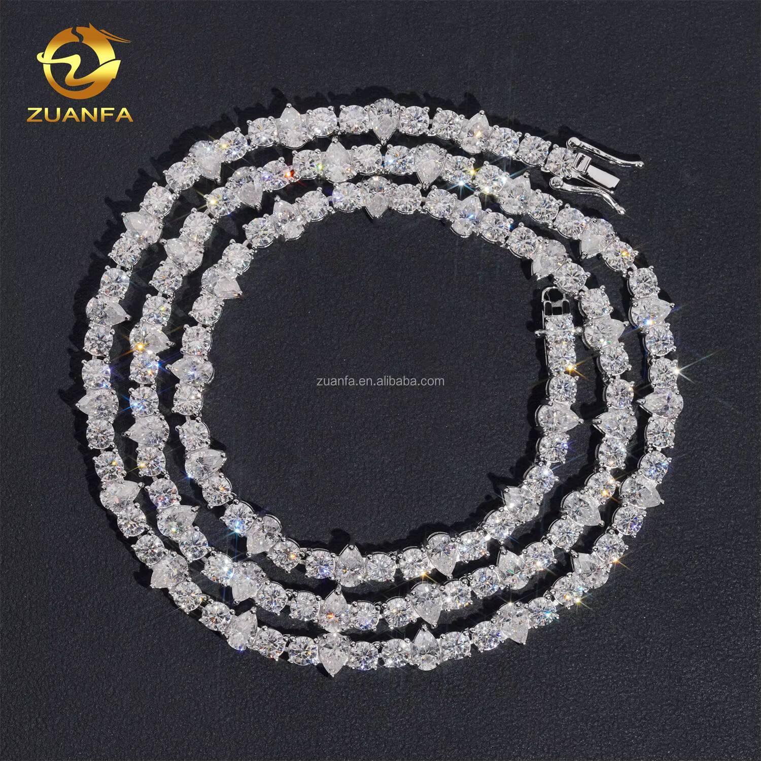 New Design Unique Elegant Style Claw Setting 4mm Upside Down 925 Solid Silver Rhodium Plated VVS Moissanite Pear Tennis Chain