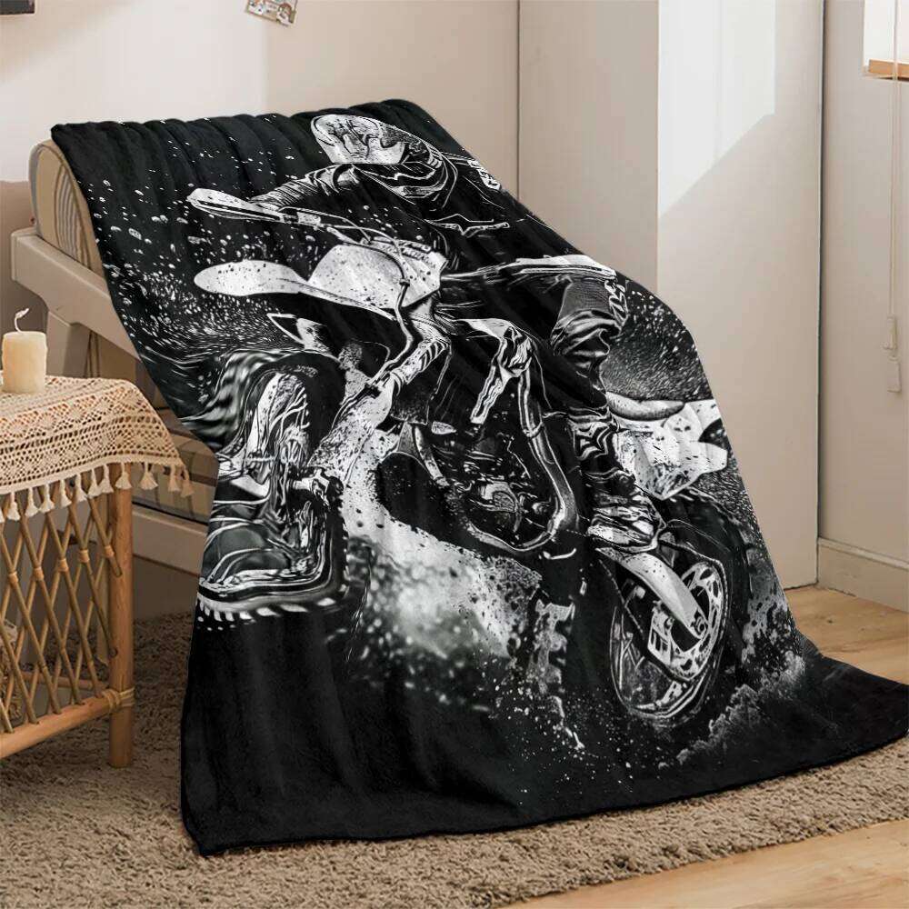 Motorcycle Rider Dirt Bike Action Fleece Black White Graphic Throw Blanket Biker Theme Soft Plush Bedding Gift for Men XJ260112
