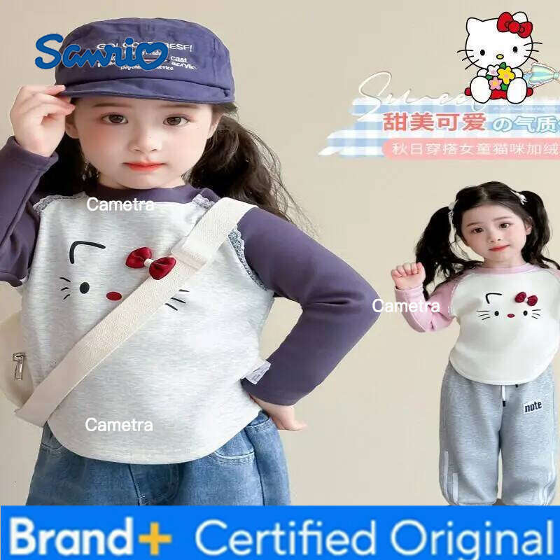 Sanrio Hello Kitty Velvet Girls' Bottom Coat Autumn Winter Western T-Shirt 2025 New Warm Kids Thickening Children Top Clothing H260112