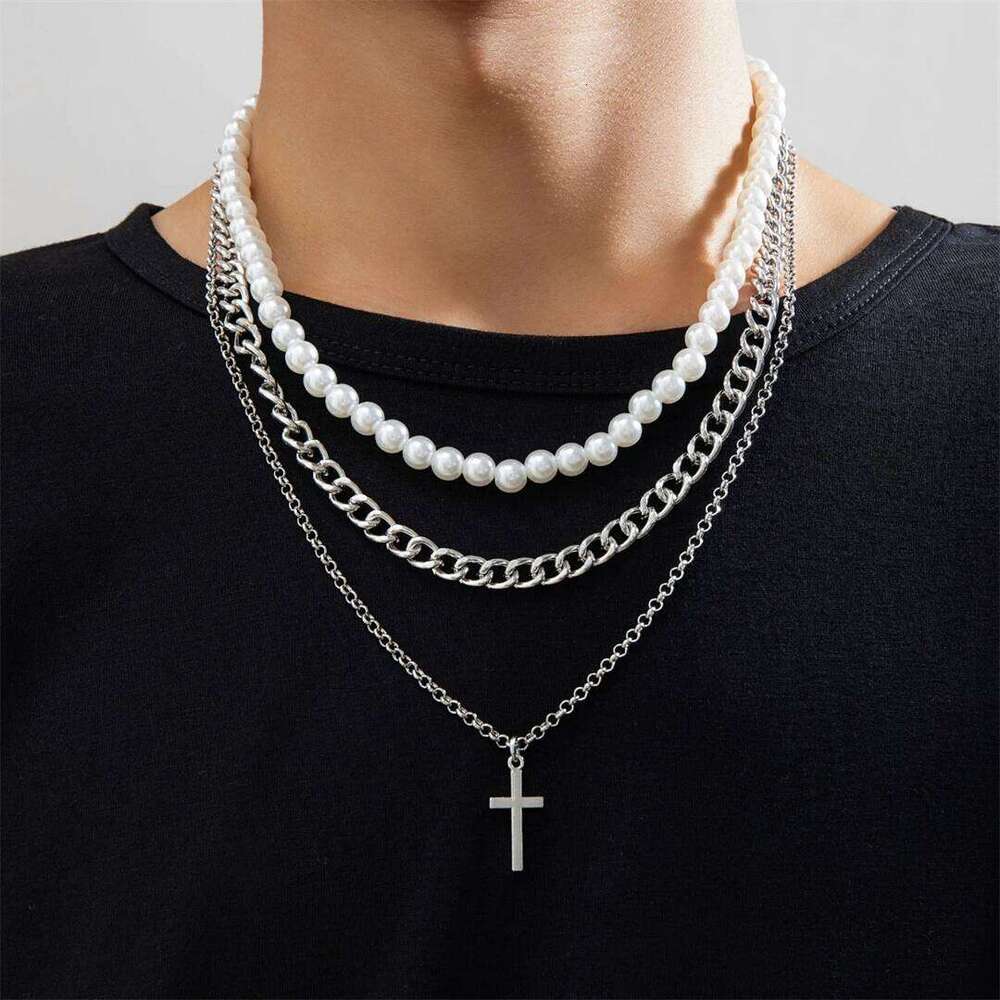 Punk Pearl Beads Chain Spikes Cross Pendant Men Hiphop Layered Stainless Steel Choker Necklace Set New Fashion Jewelry H260112