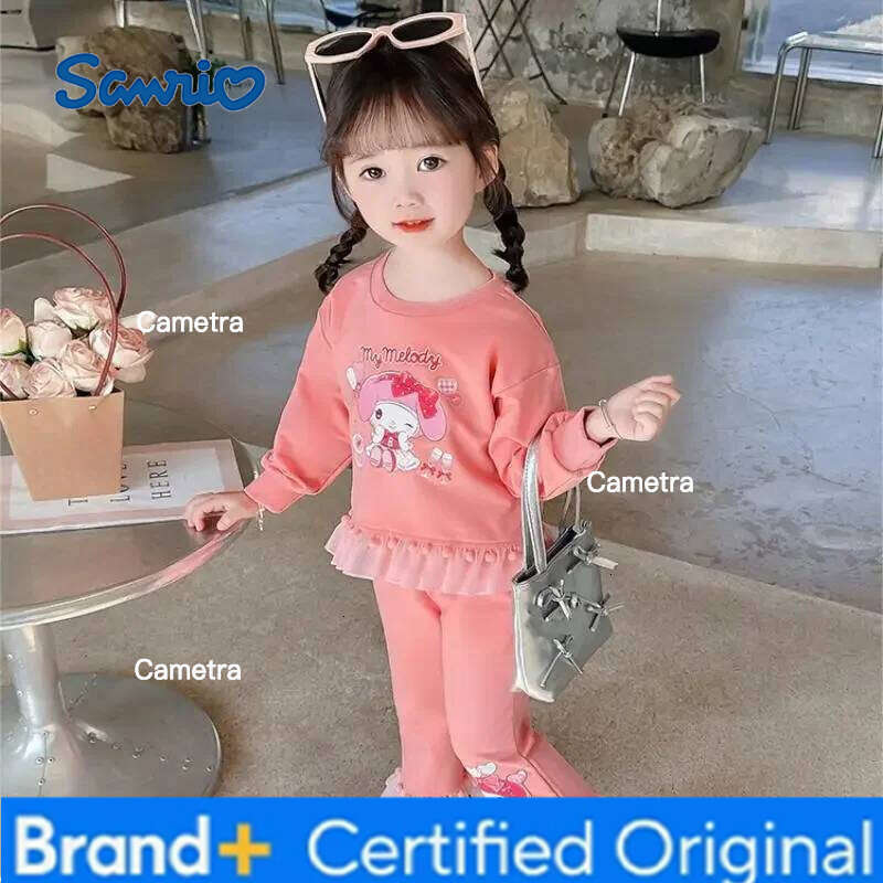 Sanrio Girls Kawaii Lace Long Sleeve Suit Kuromi Cartoon Spring Autumn Anime New Casual Sweatshirt Trousers Comfortable Soft H260112