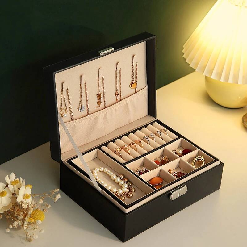 Portable Princess Cosmetics Small Simple Earrings Bracelet Ring Double-layer Jewelry Necklace Storage Box