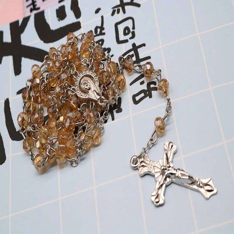 Classic 6mm Rosary Catholic Holy Site Cross Pray Necklace, Fashion Crystal Rose Necklace H260112