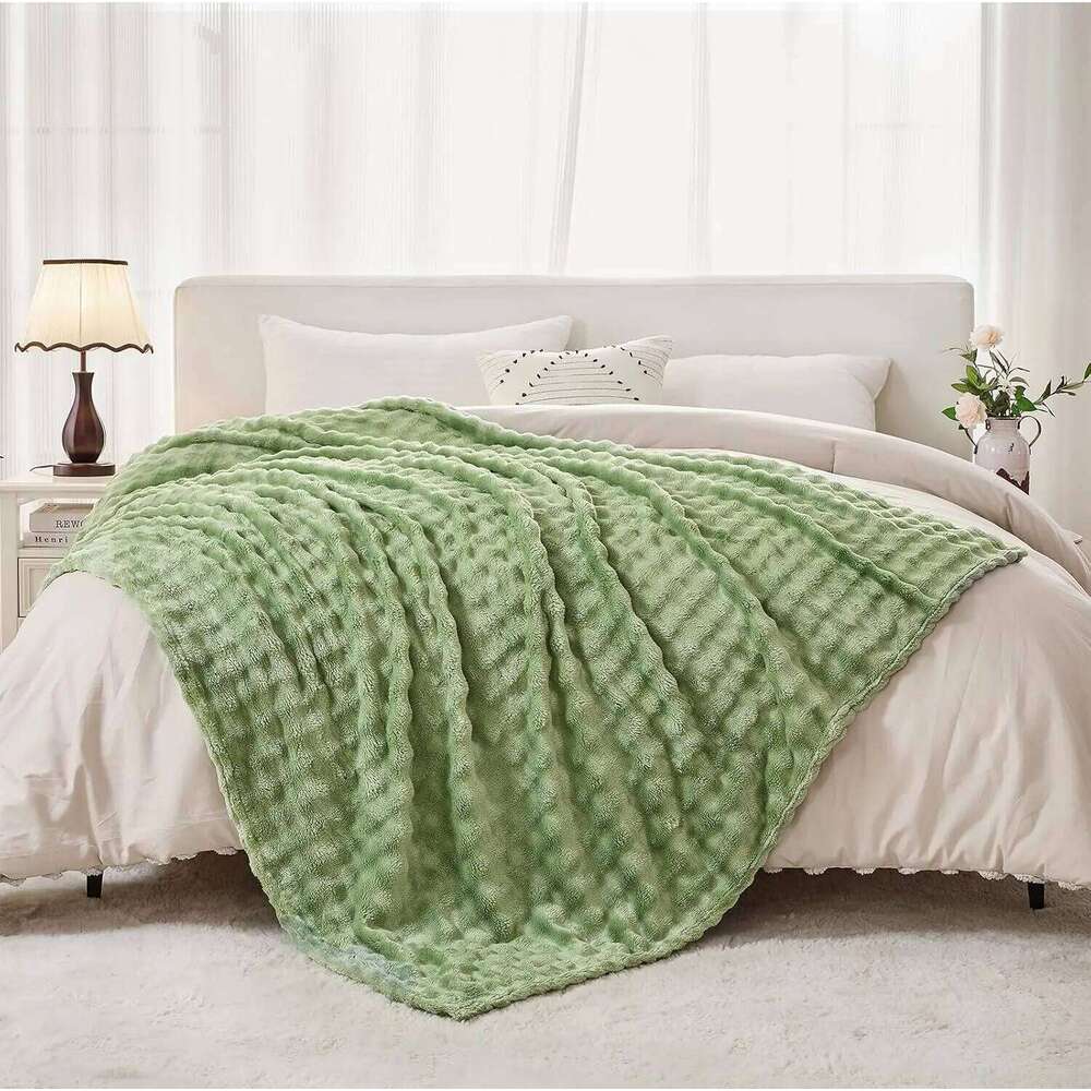 Sage Green Bubble Fleece Couch, Super Soft Cozy Cute Throw for Women, Christmas Gift Fuzzy Flannel Blanket XJ260112