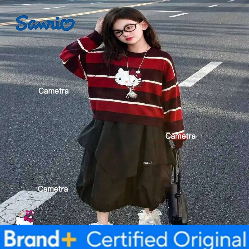 Sanrio Hello Kitty knitted Girls Kawaii Y2k Anime Children's Clothing Winter Oversized Child Casual Pullover Crew Neck top H260112