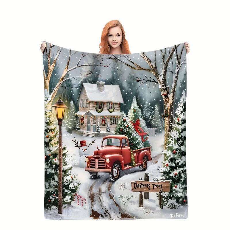 1pc Vintage Red Truck Christmas Flannel Blanket - Soft Warm Reversible All-Season Knitted Polyester Machine Washable XJ260112