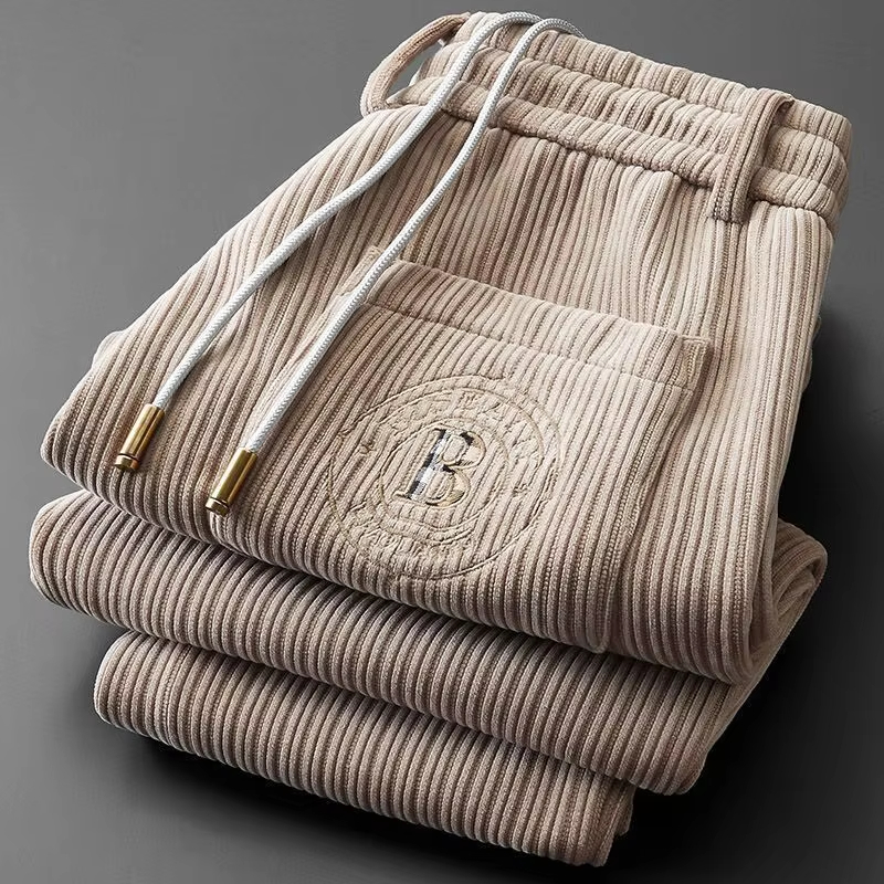 Trendy Lightweight Luxury Soft Corduroy Men's Casual Sports Pants Spring Autumn Straight Leg Elastic Waist Cotton Pant