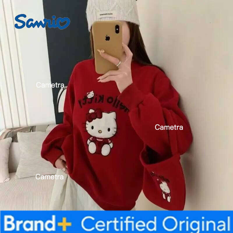 Sanrio Hello Kitty Kawaii Anime Fashion Casual Embroidered Round Neck Sweatshirt With Loose Knit Long Sleeves Women's Pajamas H260112