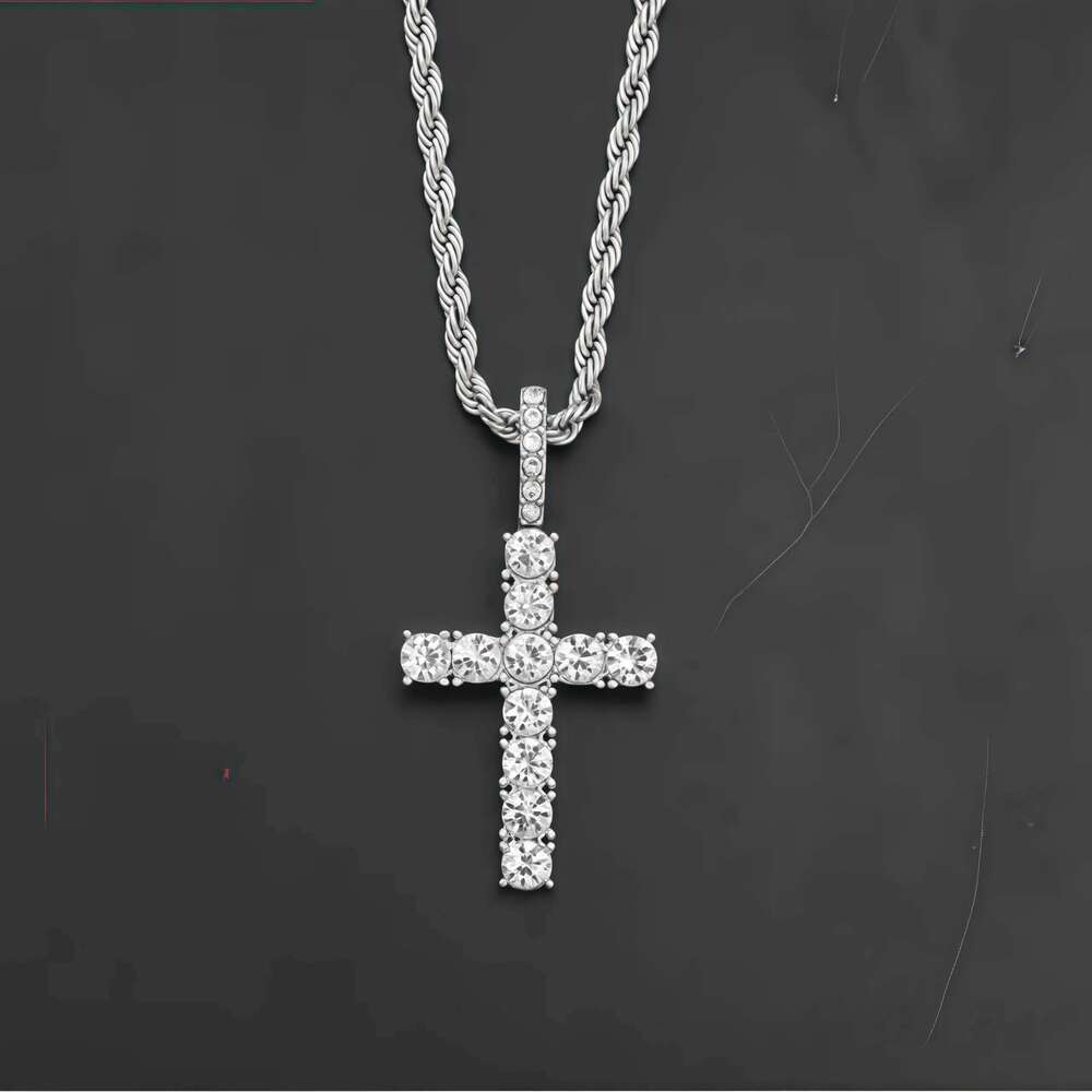 iced Out Crystal Zircon Cross Pendant Necklace Silver Plated Twisted Chain Necklaces For Men Women, with a complimentary gift H260112