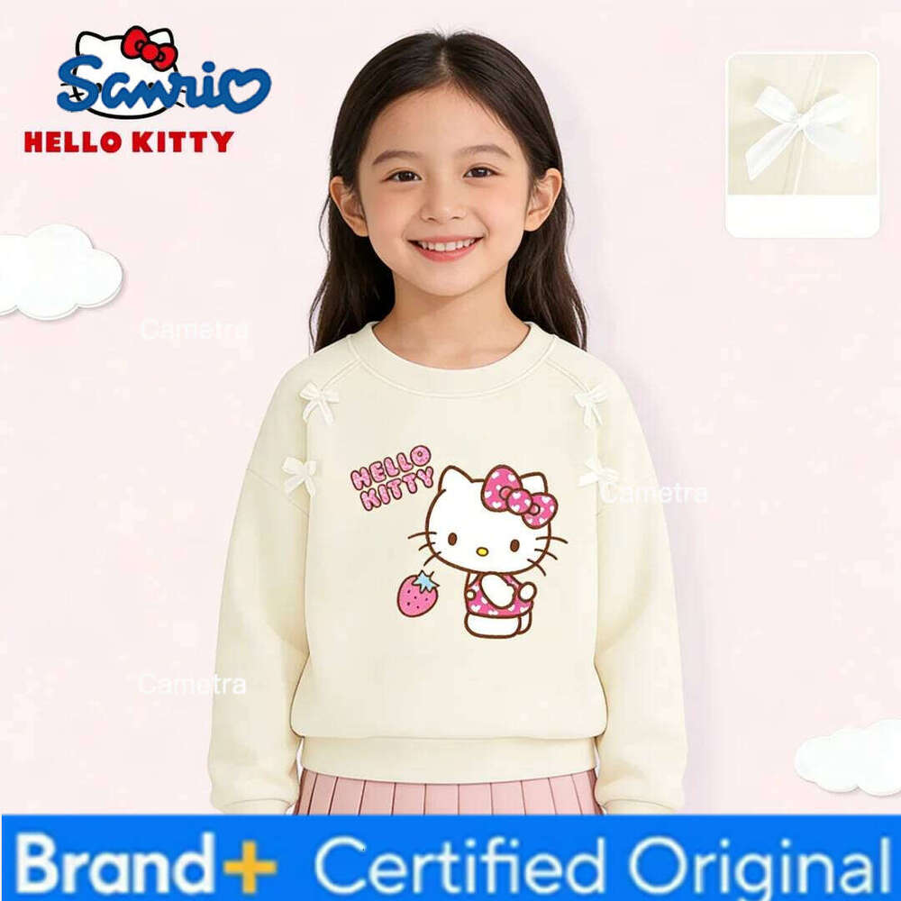 Sanrio Hello Kitty Kids Crew-neck Hoodies Girl Beige Trendy Bow Decor Sweatshirt Autumn Winter Breathable Comfortable Pullover H260112