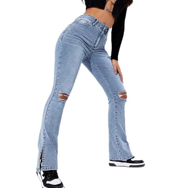 Women's Jeans--Ripped Slit Straight-Leg Pants,Women's High-Stretch Slit Slim-Fit Straight-Leg Pants--806