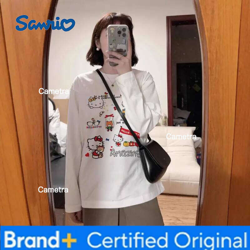 Sanrio Cute Kitty Sweet 3D Printed Round Neck Long Sleeve T-Shirt Women's Spring and Autumn Thin Loose Lazy Quick Drying Top H260112