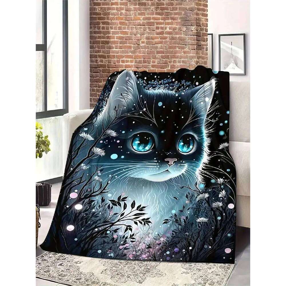 Cozy Black Cat Flannel Throw Blanket Heavyweight AllSeason Soft Warmth Vintage Starry Night Floral Pattern XJ260112