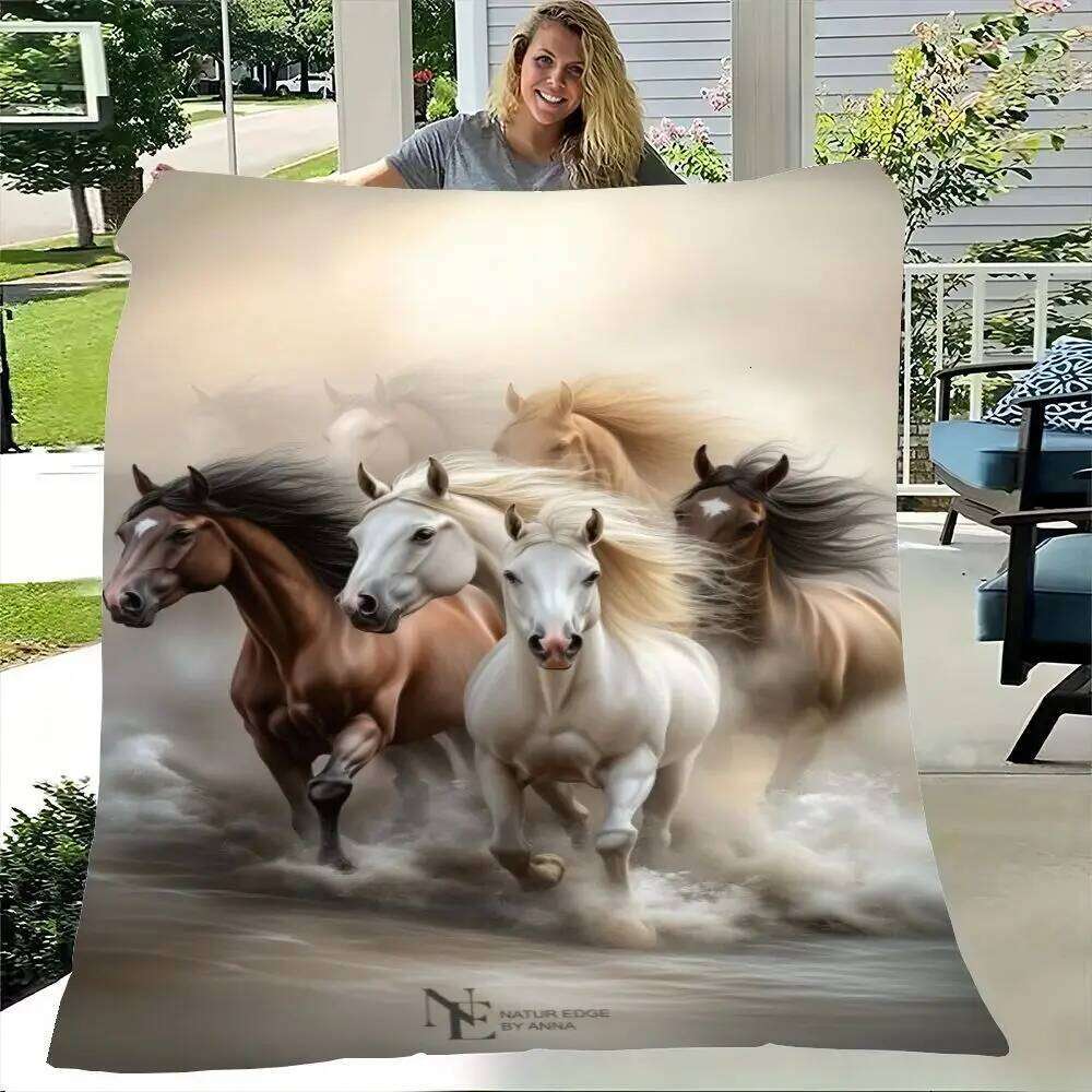 Ethereal Galloping Horses Blanket - Dreamy Water-Infused Environment Design with Five Majestic Horses, Featuring a White Horse w XJ260112
