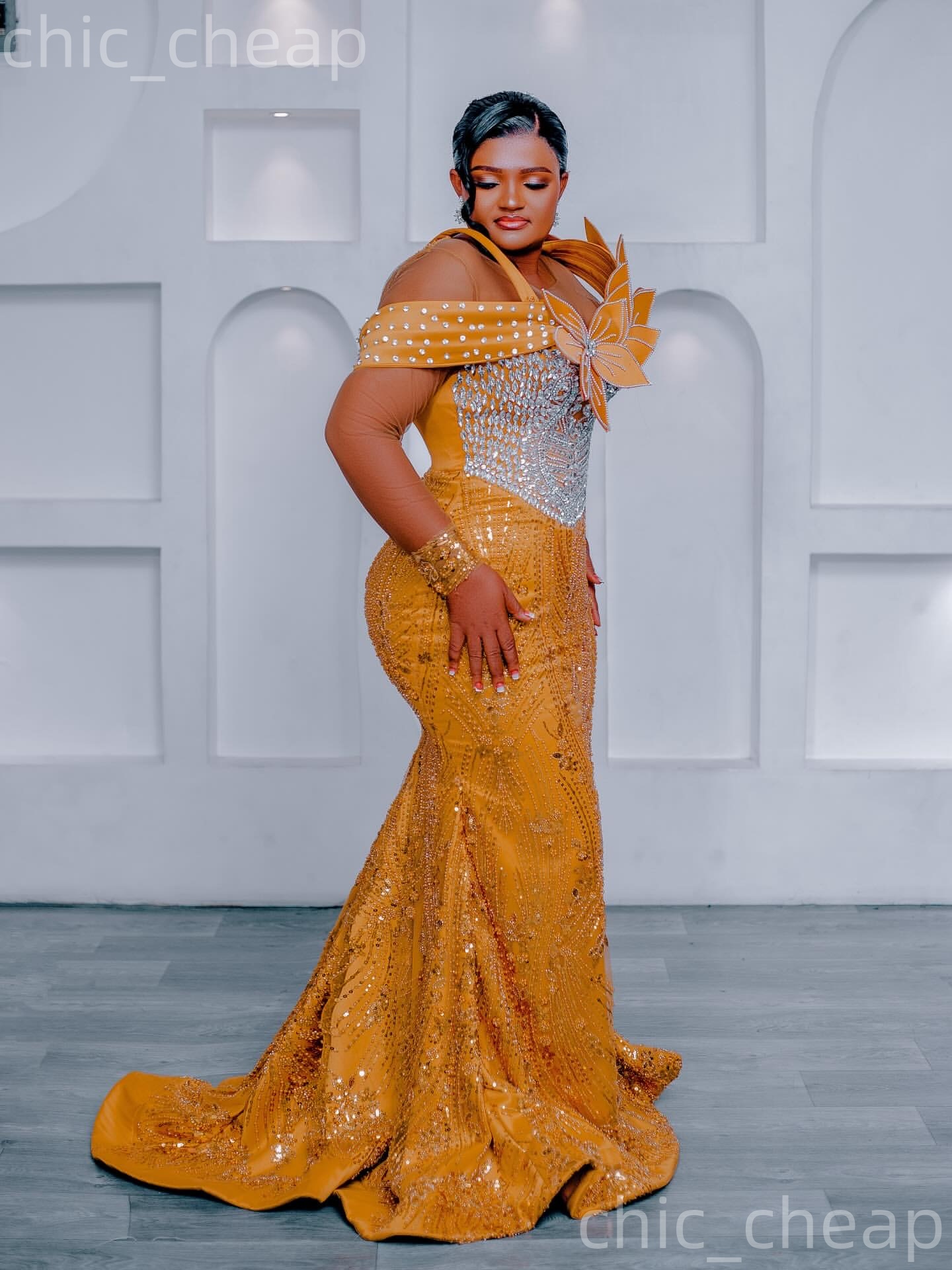 Aso Ebi Gold Mermaid Prom Dresses 2026 Flowers Crystals Sheer Neck Sequined Evening Formal Party Second Birthday Engagement Gowns Dress For Special Oc