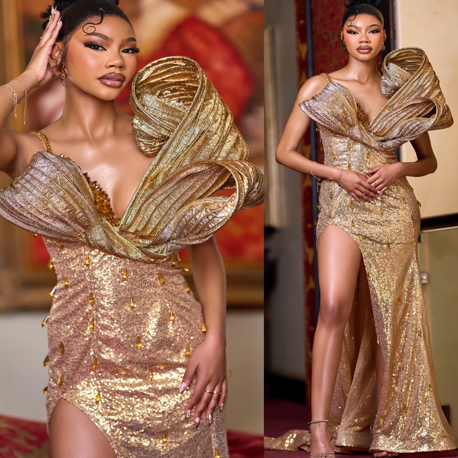 Aso Ebi Gold Mermaid Prom Dresses 2026 Crystals Backless High Split Sequined Evening Formal Party Second Birthday Engagement Gowns Dress For Special O