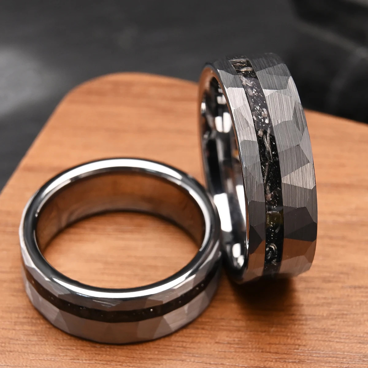 8mm hammered inlaid meteorite fragment tungsten ring mens wedding band ring comfortable fit jewelry accessories gift 260104