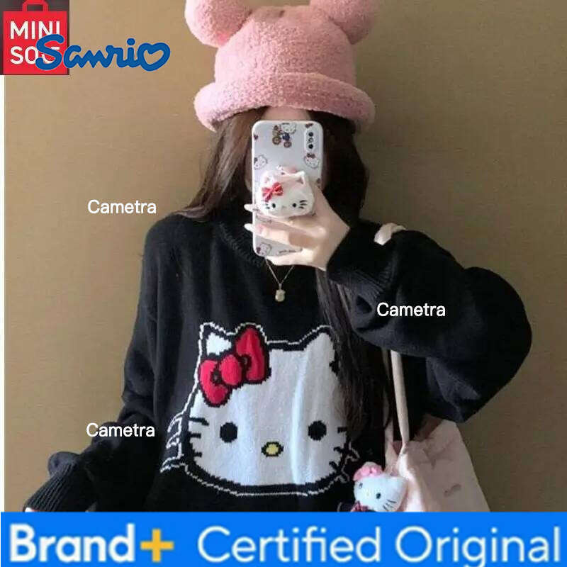 Sanrio MINISO Hello Kitty Jacquard Warm Round Neck Hooded Women's Loose and Slimming Knitted Sweater H260112