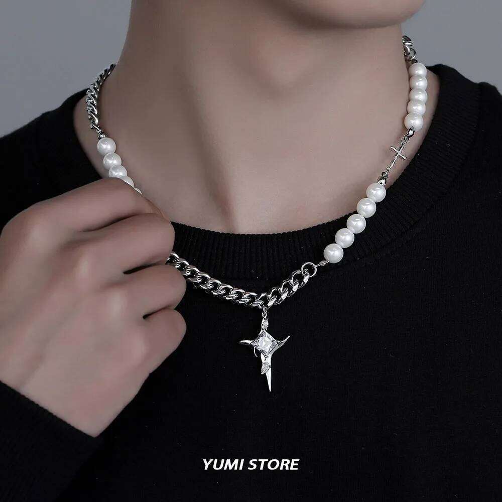 Hip Hop Imitation Pearl Cross Necklace For Men Women Trend Titanium Steel Collar Chain Kpop Pendant Jewelry Unisex Accessories H260112