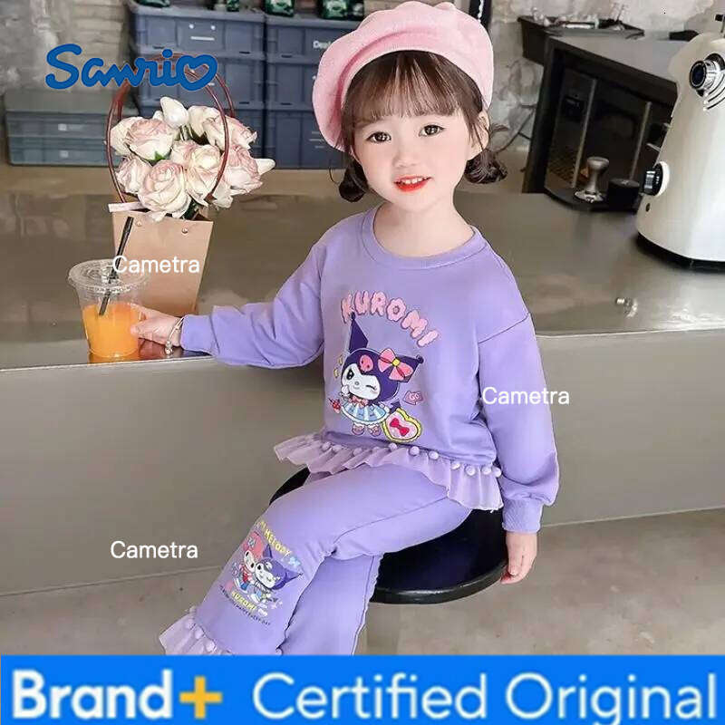 Sanrio Girls Kawaii Lace Long Sleeve Suit Kuromi Cartoon Spring Autumn Anime New Casual Sweatshirt Trousers Comfortable Soft H260112