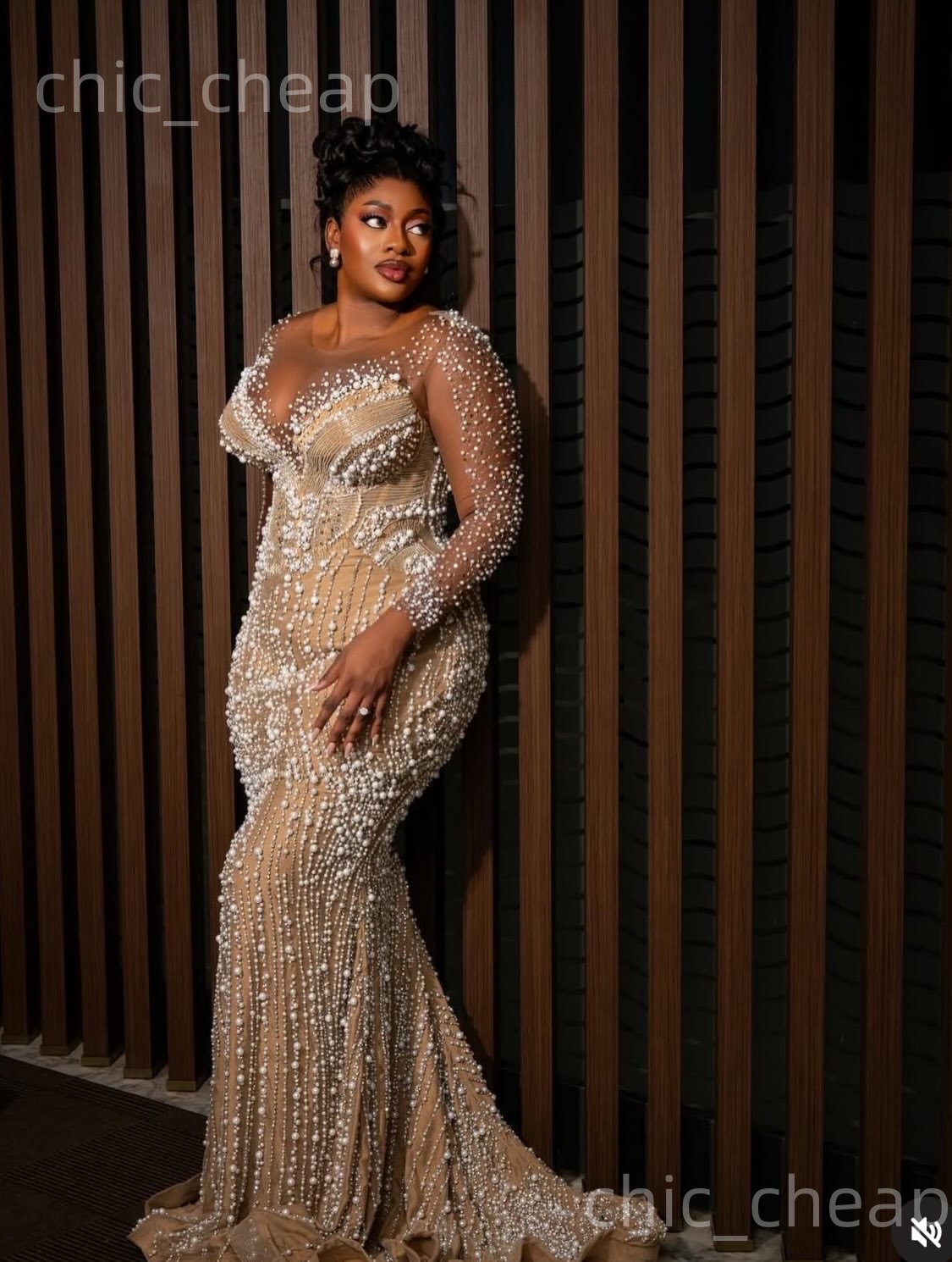 Aso Ebi Champagne Mermaid Prom Dresses 2026 Illusion Pearls Sheer Neck Evening Formal Party Second Birthday Engagement Gowns Dress For Special Occasio