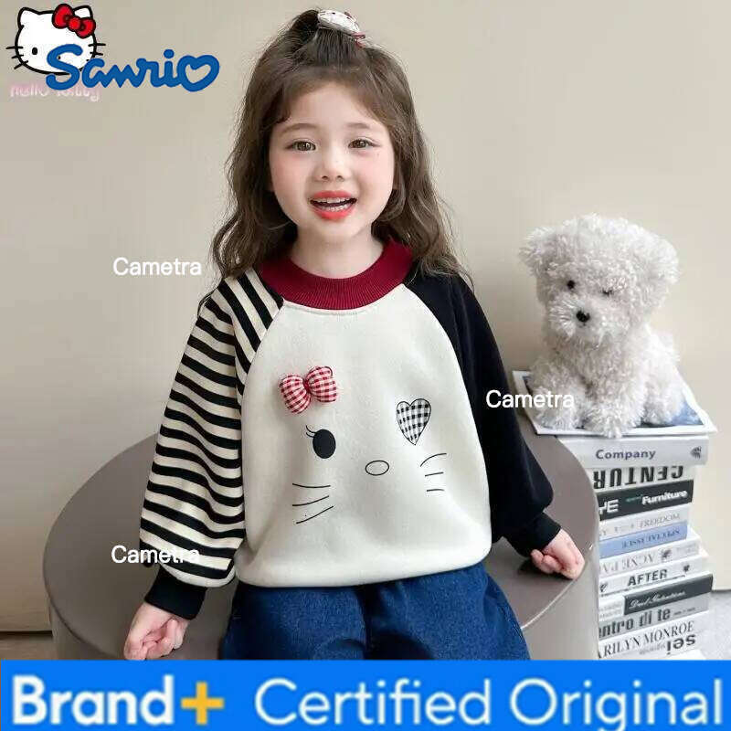 Sanrio Girls Cartoon Cat Thickened Sweatshirt Kawaii Autumn and Winter New Anime Children's Tops Warm Base Fashionable T Shirt H260112