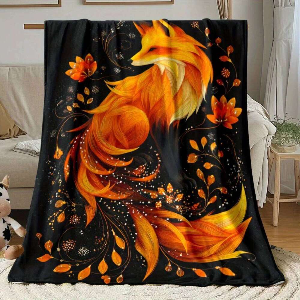 1pc Ultra-Soft Lightweight Flannel Blanket with Vibrant Orange Fox & Floral Design - Cozy Warm Throw for Camping, Travel, Home, XJ260112
