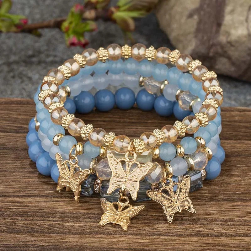 4Pcs Trendy Butterfly Beaded Bracelet Set For Women Pink Acrylic Beads Elastic Chain Bangle Female Bohemian Party Jewelry Gift 260107