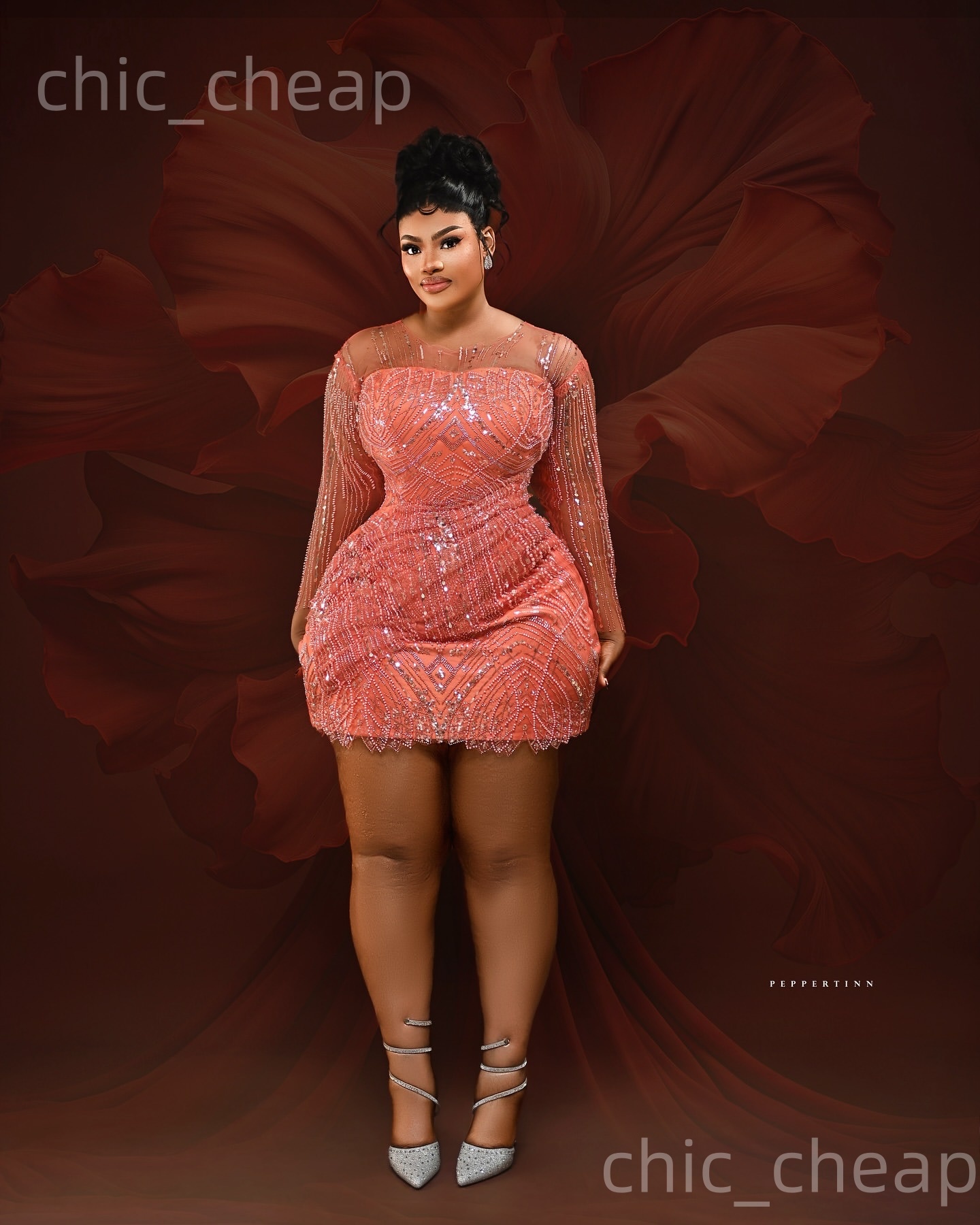 2026 Coral Sheath Cocktail Dress Sheer Neck Long Sleeves Sequined Short Mini Graduation Homecoming Dresses For Special Occasions Sweetheart Gowns ZJ05