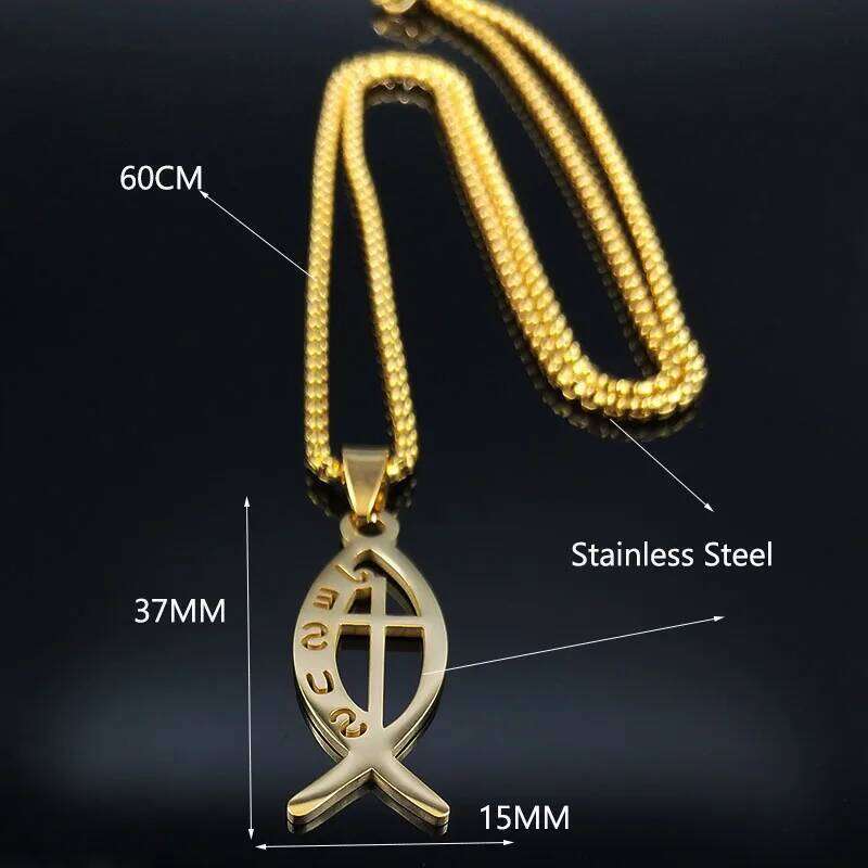Ichthys Jesus Fish Cross Christ God Pendant Necklace for Women Men Stainless Steel Gold Color Christian Chain Jewelry N1482S02 H260112