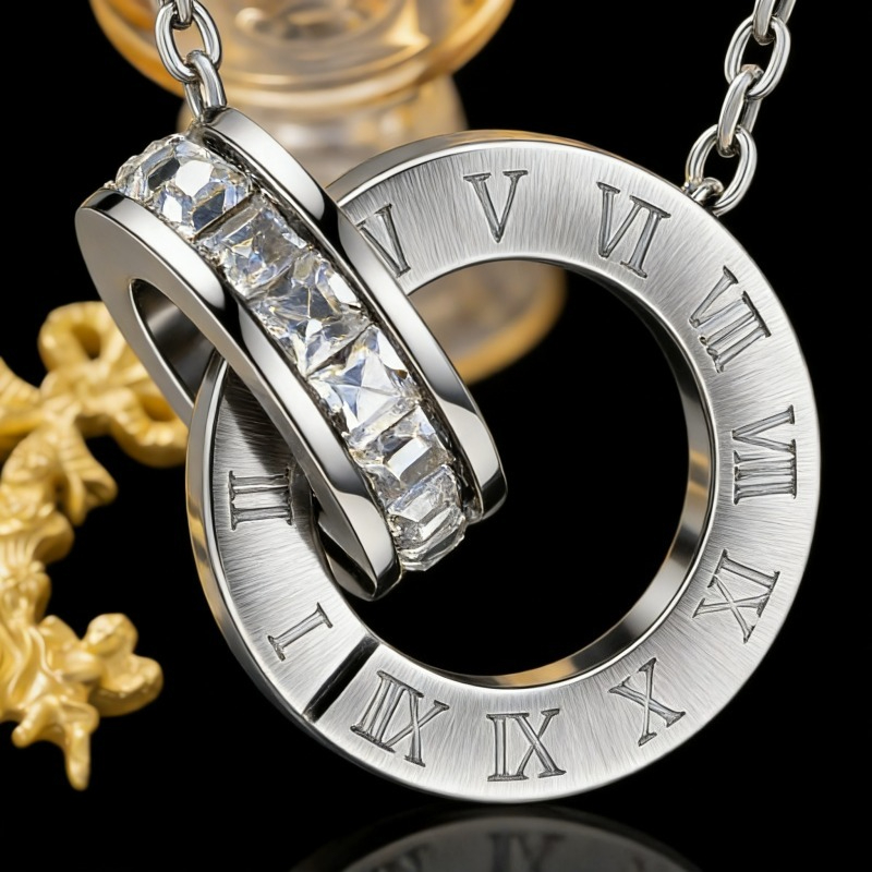 Women's Roman Numeral Double Circle Cubic Zirconia Titanium Steel Necklace Dainty Light Luxury Clavicle Chain Trendy Fashion Jewelry