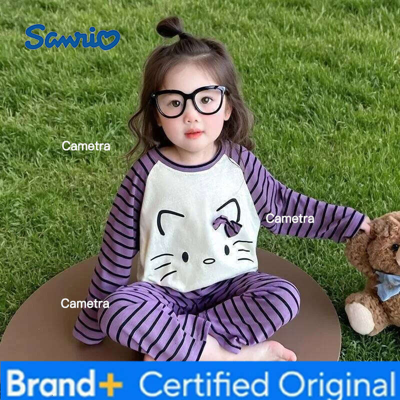 Sanrio Girls' Dralon Pajamas Set Cartoon Striped Long Sleeve Lounge Wear for Kids Spring Autumn Thermal Cotton Baby Sleepwear H260112