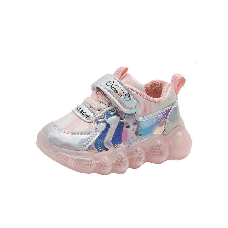Light-Up Girls' Leather Sneakers Little Girls Cartoon Princess Soft Sole Non-Slip Walking Baby Shoes
