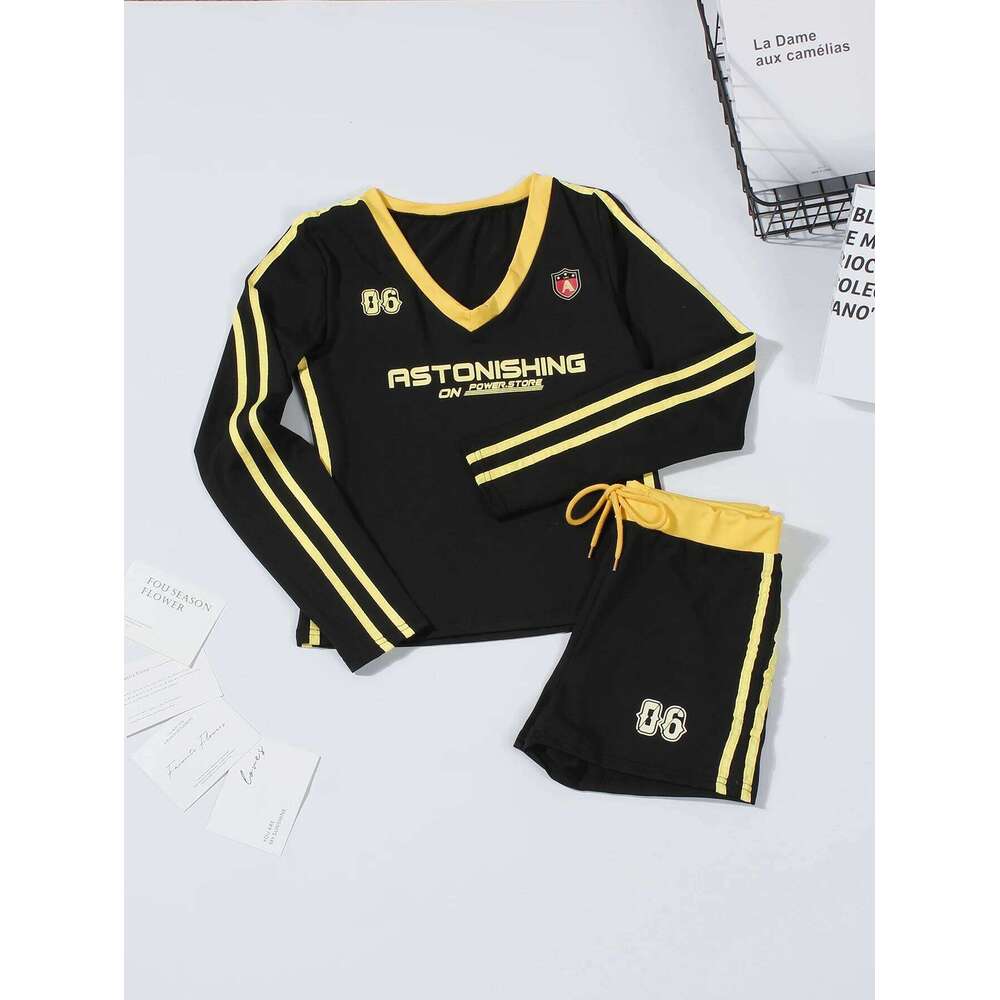 Summer Sexy Women 2 Piece Set Club Outfits Letter Print V-Neck Crop Tops+Matching Drawstring Shorts Casual Tracksuit Mdng260112