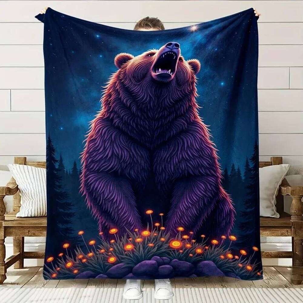 Bear Forest Night Sky Pattern Flannel printed blanket all seasons suitable for living room office sofa and travel XJ260112