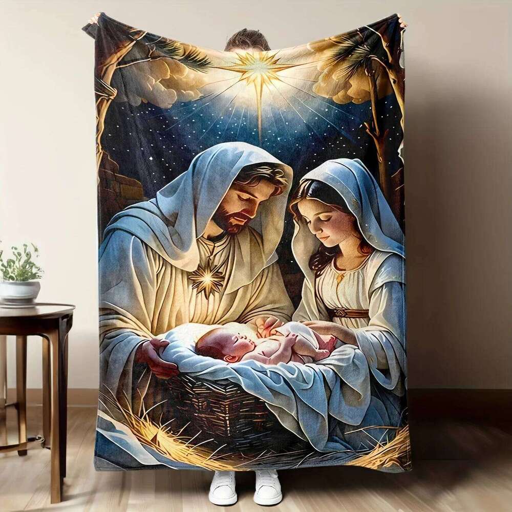 Jesus Manger Christmas Blanket Soft Flannel Throw for Sofa Bed Office Travel Camping - All-Season Starry Night Theme Gift XJ260112