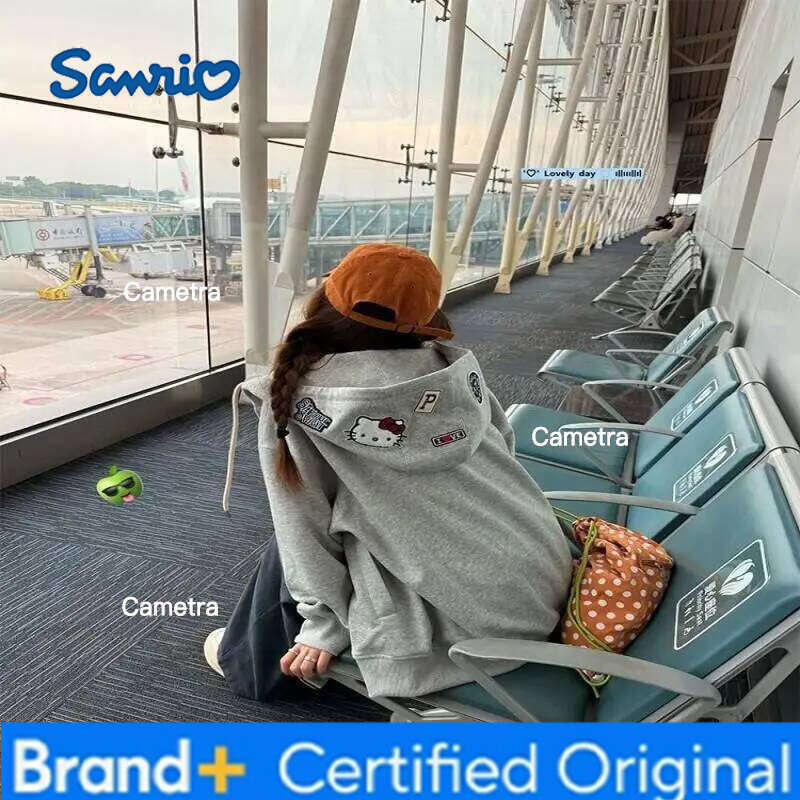 Sanrio Hello Kitty Women Hoodie Sweatshirt Jacket Autumn New Gray Drawstring Youthful Loose Cardigan Casual Streetwear Fashion Tops H260112