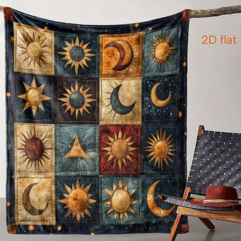Patchwork Sun Star Moon Printed Flannel Blanket - Soft Warm Cozy | All-Season Throw for Sofa/Bed/Couch/Car/Office/Campin XJ260112