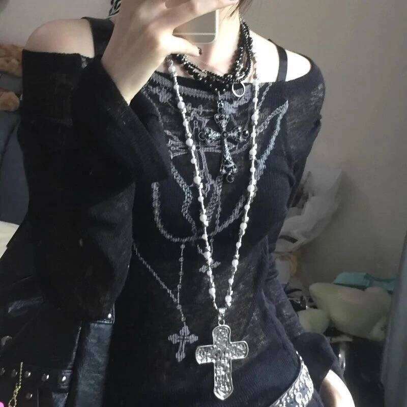 Grunge Jewelry Irregular Pearl Cross Pendant for Female Punk Charm Geometric Korean Fashion Necklace Gothic H260112