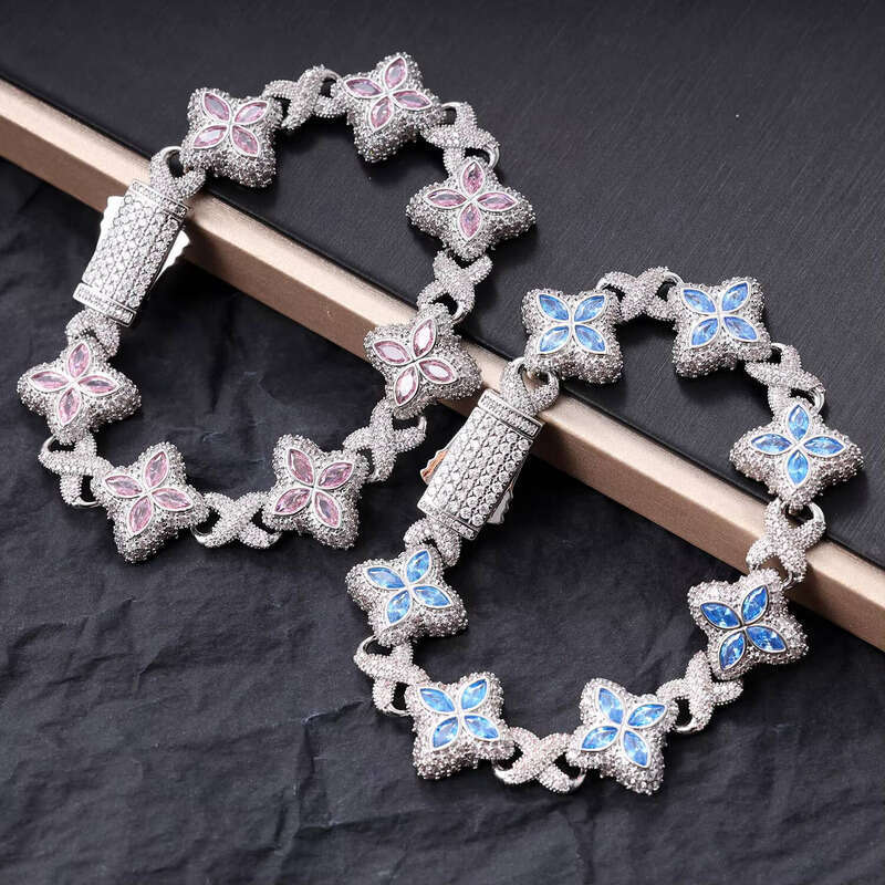 Fashion Pink Blue Colorful Clover Bracelet Necklace Iced Brass 5A VVS Moissanite Diamond Chain Adjustable Women's Gift f3