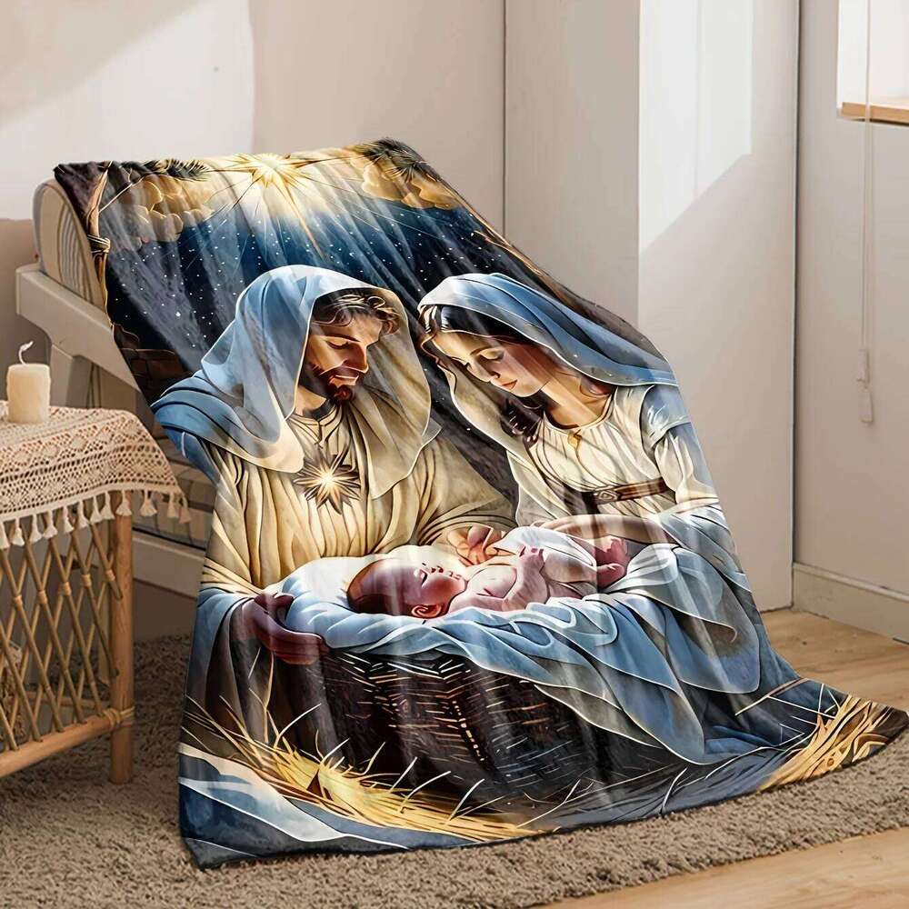 Jesus Manger Christmas Blanket Soft Flannel Throw for Sofa Bed Office Travel Camping - All-Season Starry Night Theme Gift XJ260112