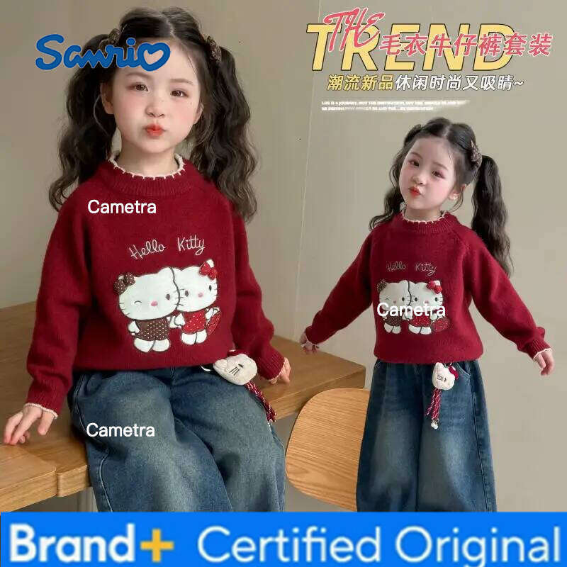Sanrio Girl's Hello Kitty Kawaii Sweater Autumn/winter 2025 New Children's Cartoon Anime Fashion Jeans Sweet and Comfortable Soft Set H26011