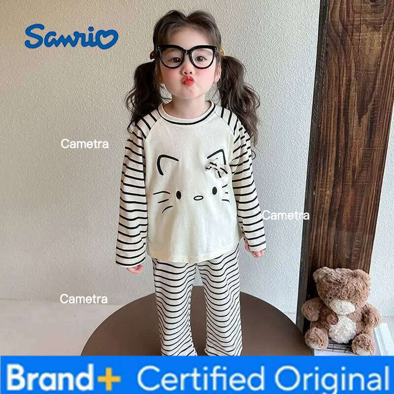 Sanrio Girls' Dralon Pajamas Set Cartoon Striped Long Sleeve Lounge Wear for Kids Spring Autumn Thermal Cotton Baby Sleepwear H260112