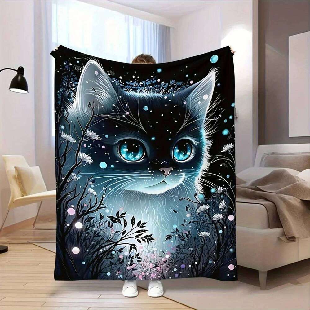 Cozy Black Cat Flannel Throw Blanket Heavyweight AllSeason Soft Warmth Vintage Starry Night Floral Pattern XJ260112