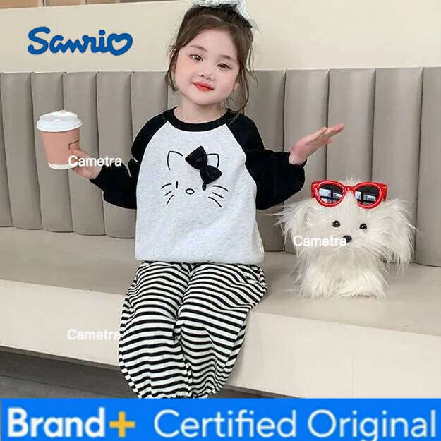 Sanrio Anime HelloKitty Girls' Spring and Autumn Fashion Stripe Two Piece Set Girl cartoon cute sweet cotton casual T-shirt set H260112