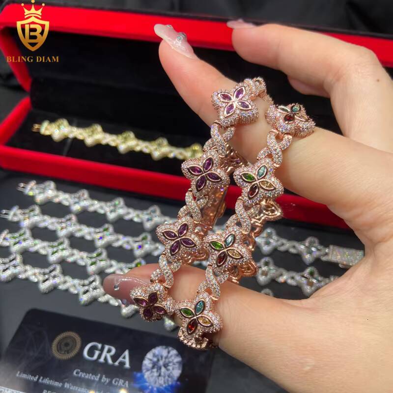 Hot Sale Four Leaf Clover Moissanite Bracelet Link Chain 925 Silver VVS Iced Out 15mm Moissanite Chain Men Past Diamond Test GRA