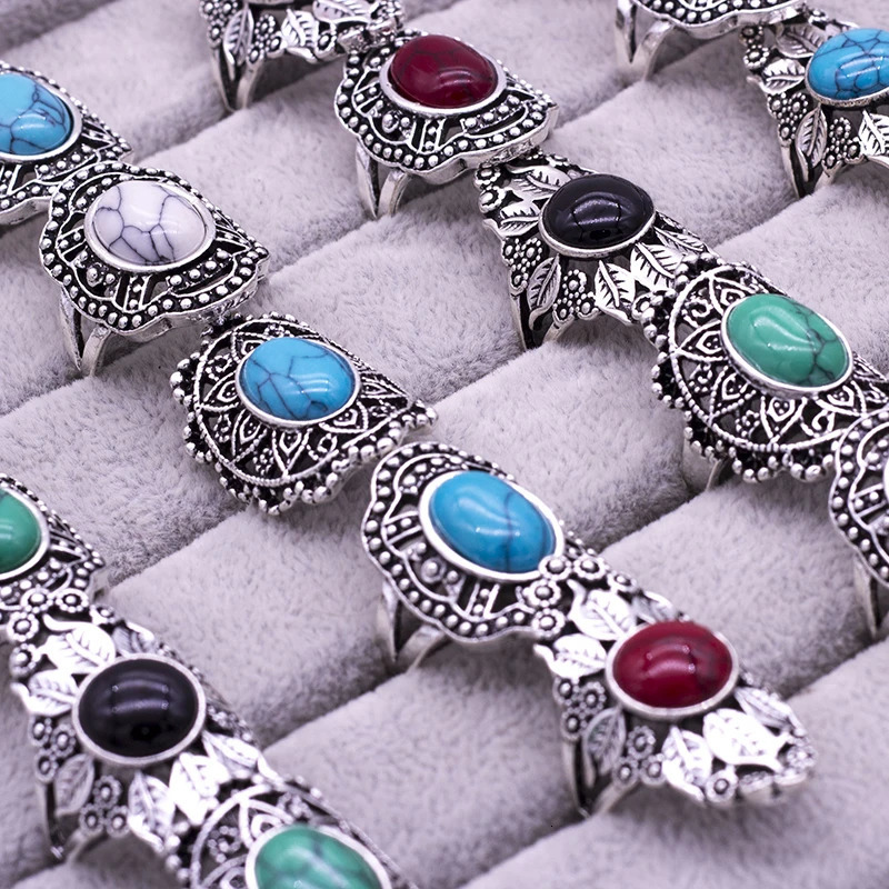 20pcs vintage stone Ring Tribal vintage retro ethnic women men unisex color mix styles alloy Jewelry wholesale lots rings 260107
