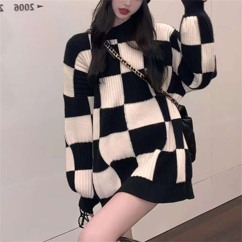 Autumn Winter Design New Top Checkerboard Sweater Women Retro Loose Lazy Style Pullover Knitted Jacket